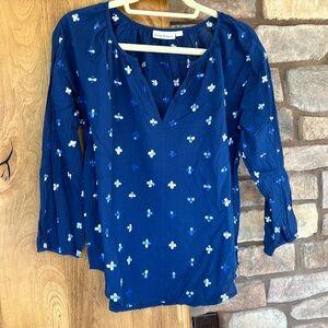 Roller Rabbit Lotus Embroidery Malm Top Size M Navy Cotton Boho 3/4 Sleeves